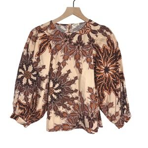 Maude Vivante Women Bohemian Floral Cotton Puff Sleeve Blouse Top Size Medium